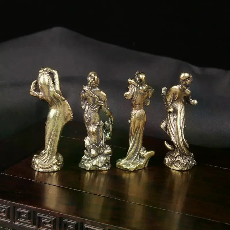 Solid Brass Four Vintage Chinese Ladies Statues, Handmade Desktop Décor, Collector’s Items, Available in 1/4Pcs Gift Set