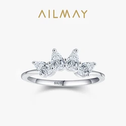 Ailmay Real 925 Sterling Silver Crown Ring Fashionc Luxury Clear CZ Water Drop Shape Rings For Women Wedding Engagement Jewelry