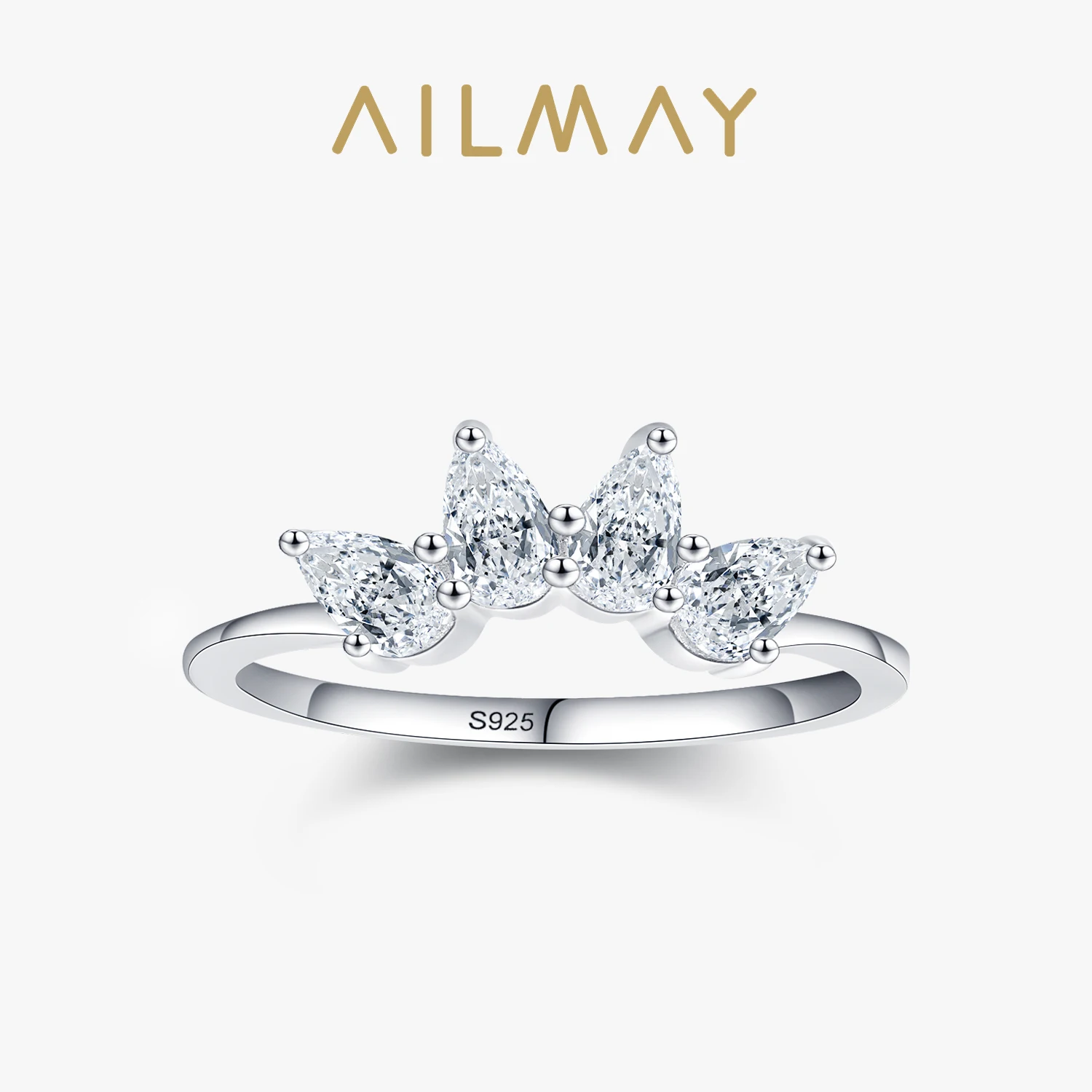 Ailmay Real 925 Sterling Silver Crown Ring Fashionc Luxury Clear CZ Water Drop Shape Rings For Women Wedding Engagement Jewelry