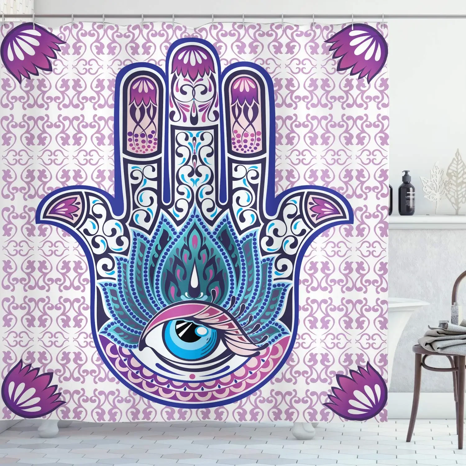 Waterproof Fabric Bathroom Decor Sets with Hooks, Evil Eye Shower Curtain, Luck Glass Look Beads Graphic on Plain Background