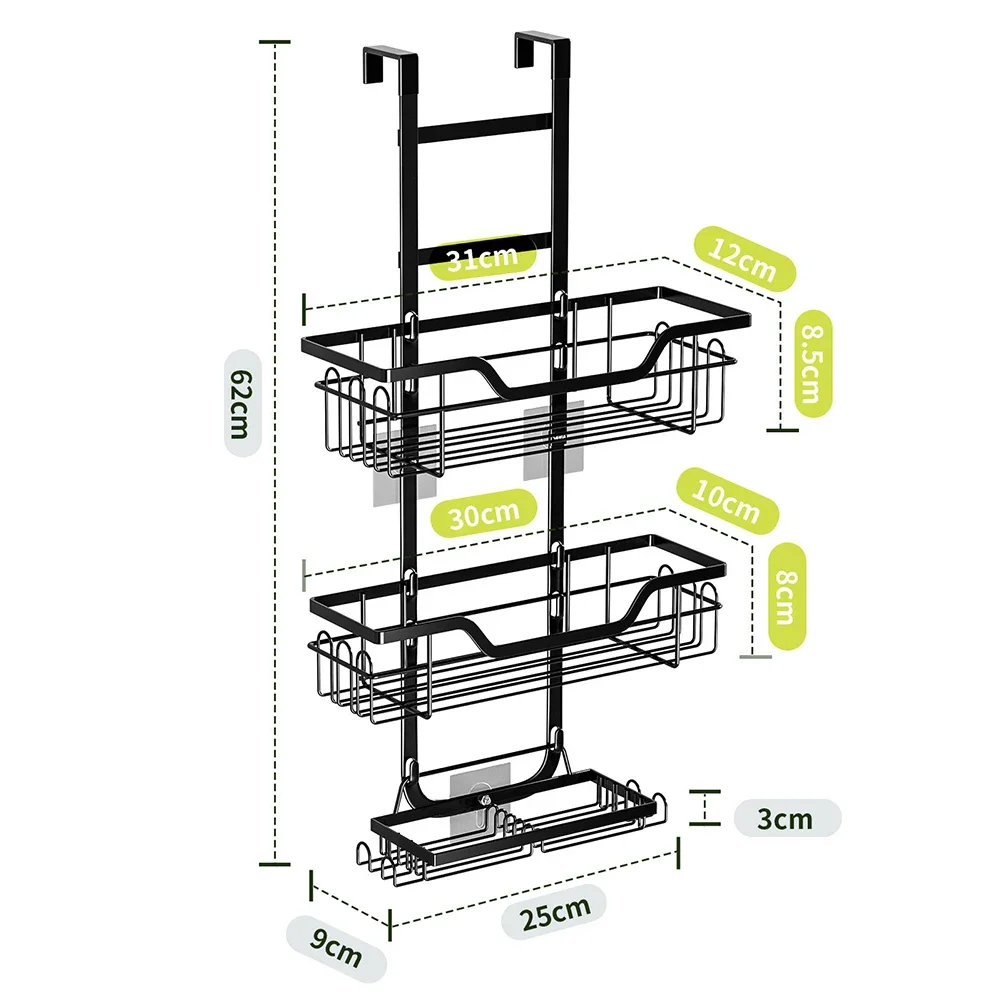 Wall Mounted Hanging Organizer Rack with Hooks No Drilling Adhesives 304 Stainless Steel Shower Storage Shelf with Soap Holder