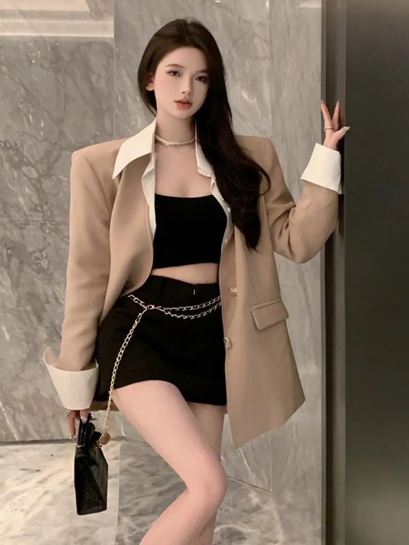 

Eye-Catching Fake Two-Piece Blazer for Women, Autumn 2022 New Elegant Loose Suit Jacket for Petite Women Female Office Lady Girl