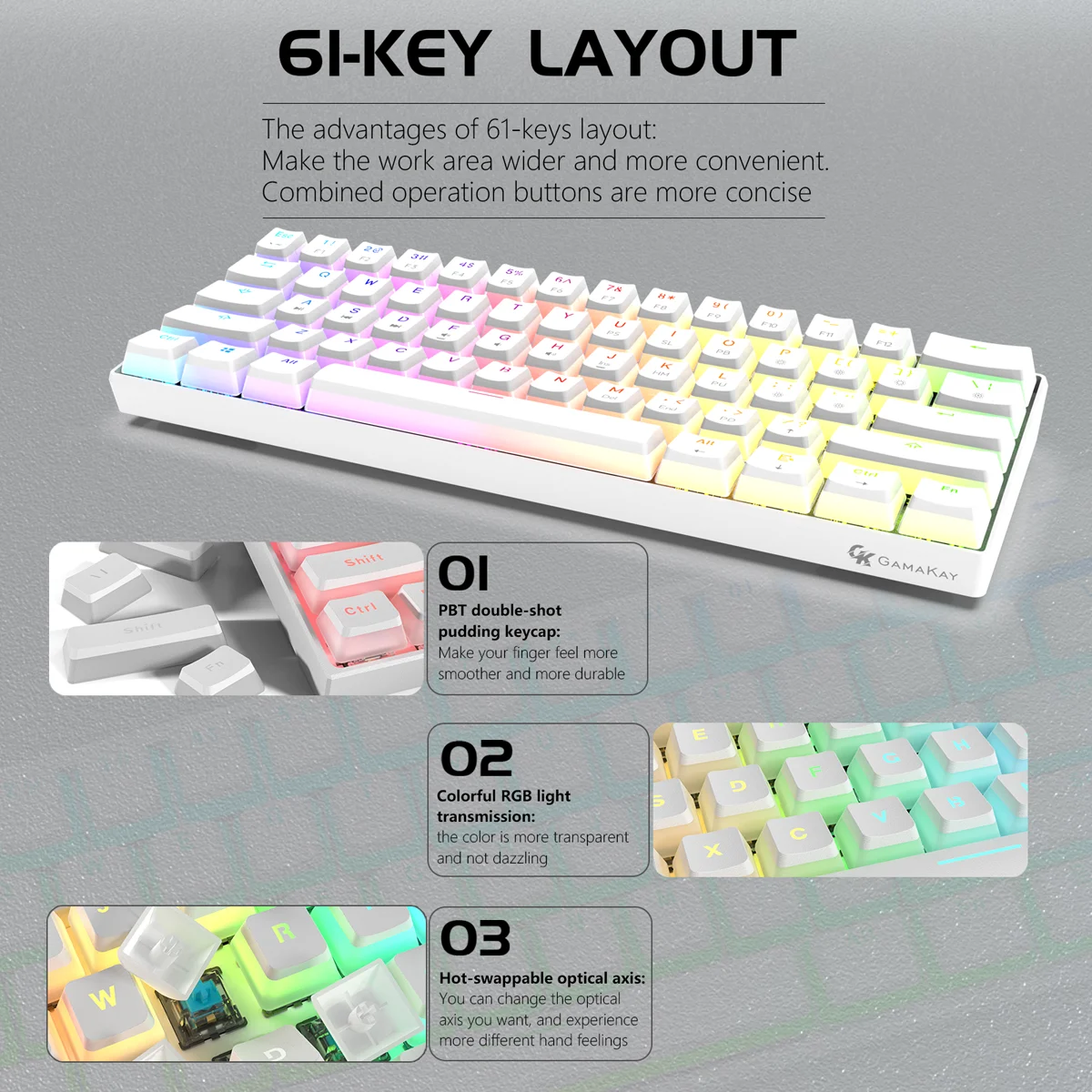 Imagem -04 - Teclado Mecânico com Fio Gateron Optical Switch Pudim Keycaps Rgb 61 Teclas Teclado para Jogos Hot Swappable Gamakay-mk61