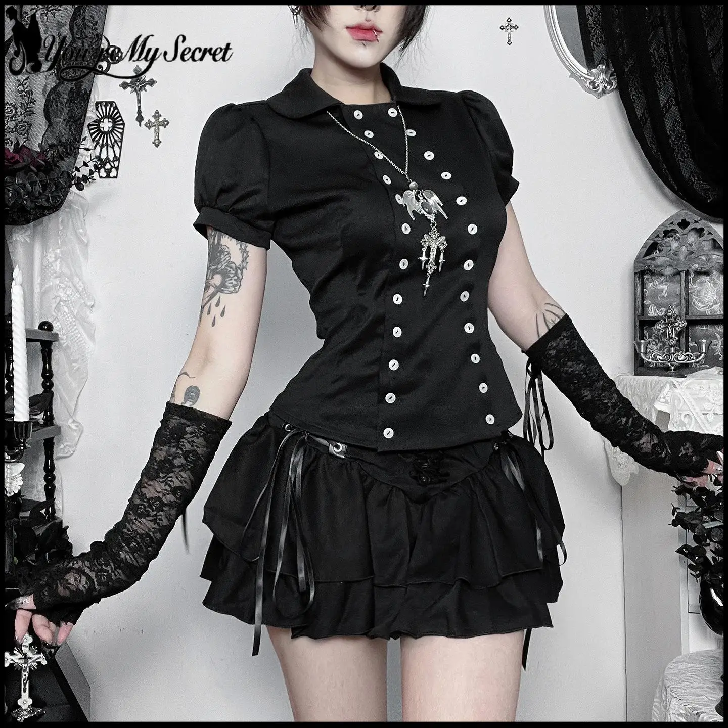 

[You're My Secret] Goth Slim Fit T-shirt Women Punk style Button up Top Lady Retro Black Blouse Y2k Outfit Summer Female Clothes