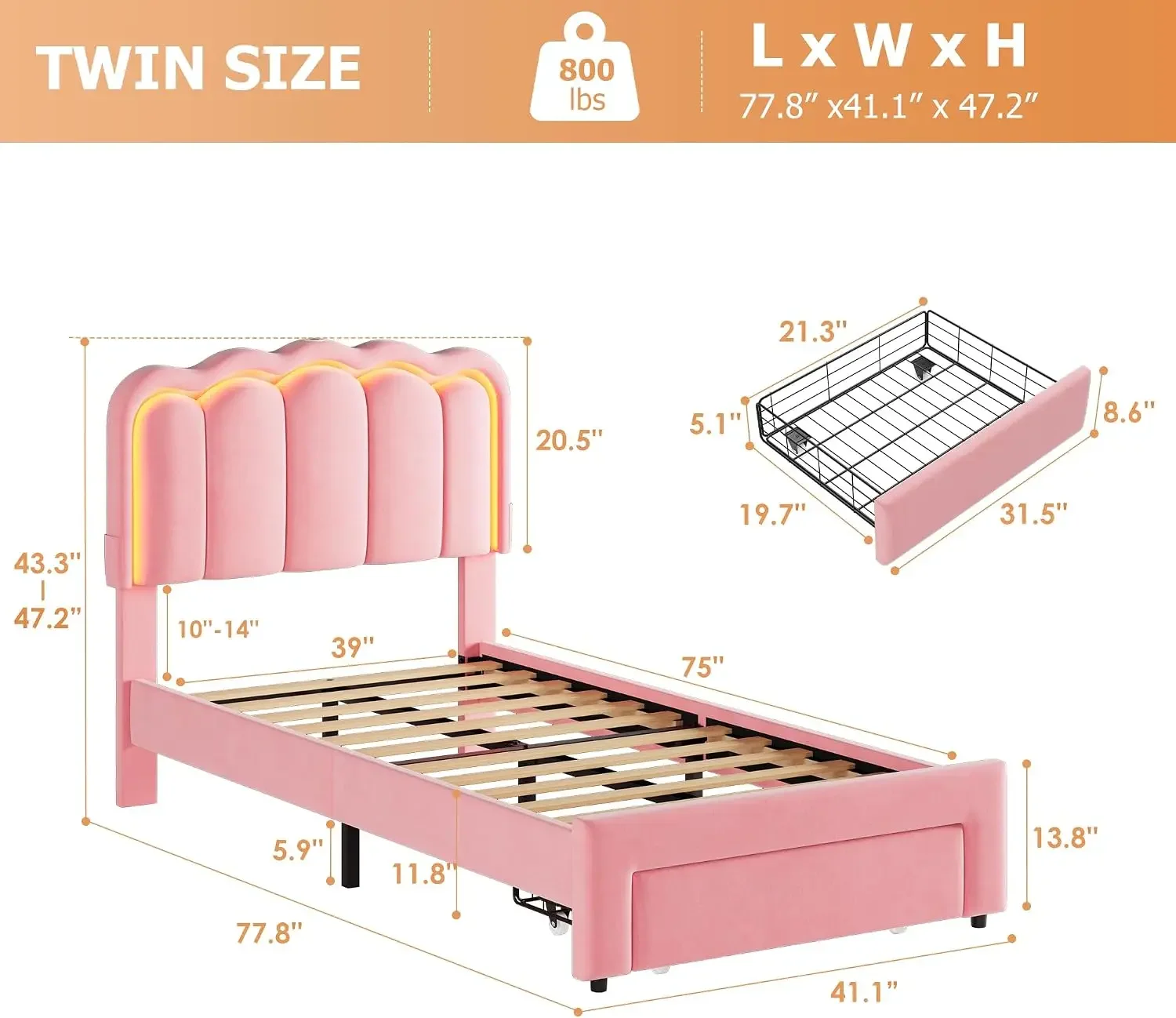 USA Stock Velvet Upholstered Twin LED Bed Frame With Storage Drawer And Adjustable Double Wavy Headboard, Princess Platform Bed,