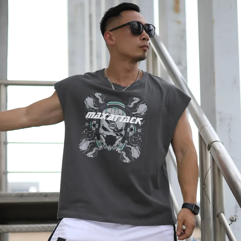 Sleeveless Print T-shirt Men Fitness Bodybuilding Shirt Male Fashion Basketball Vest Casual Breathable Summer Gym Tank Men