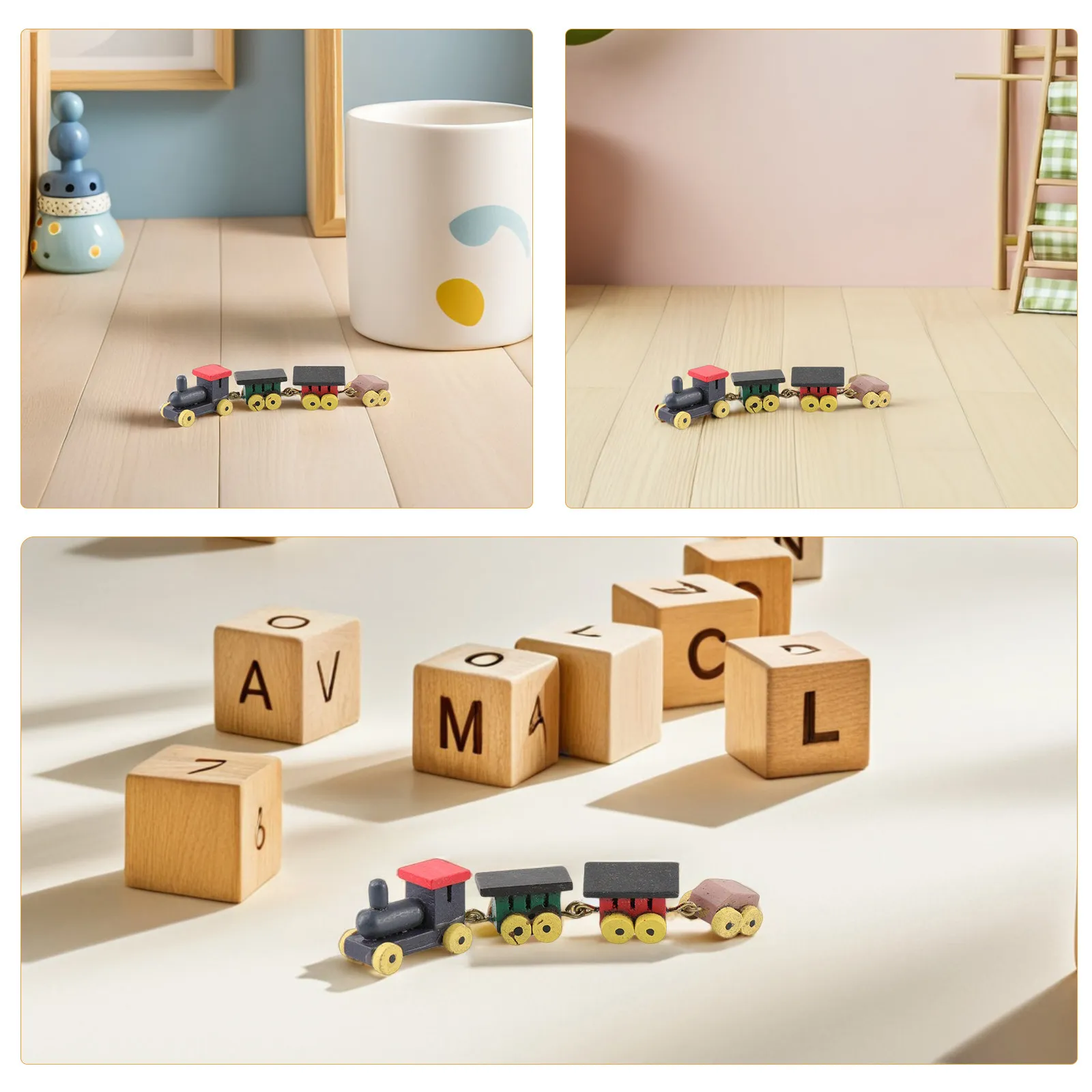 

3Pcs Mini Wooden Train Adornment Cartoon Design Smooth Edges Home Decor Model Train House Accessories Miniature Model