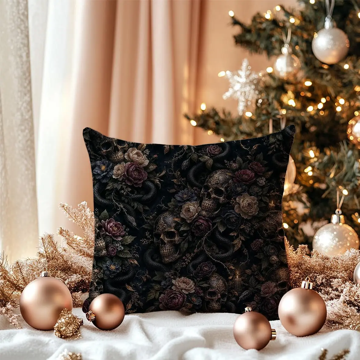 Whimsigoth Gothic Skull Snake Floral Throw Pillow Cover 18x18 | Romantic Goth Decor, Dark Academia Witchy Gothic Decorative