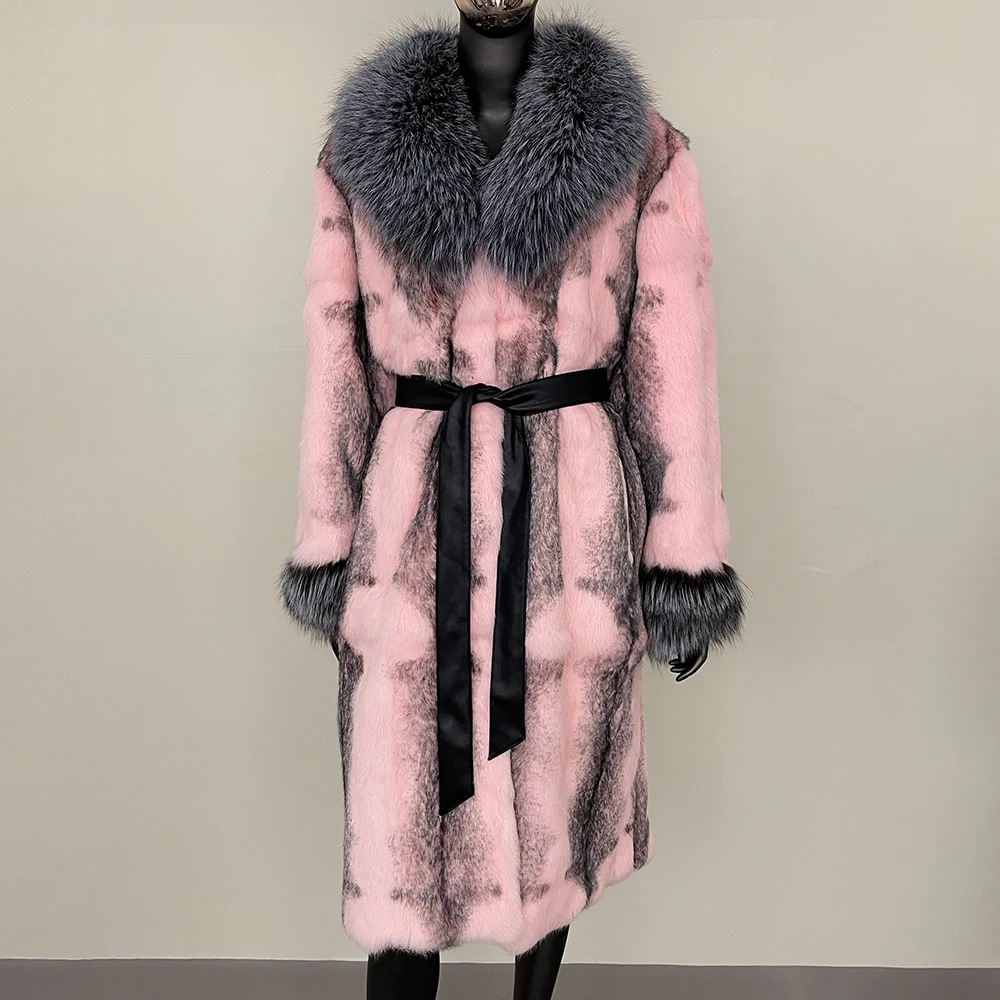 

Rabbit Fur One-piece Fur Coat Women New Autumn Winter Real Fox Fur Collar Coat Thickened Long Style Fashion Warm Female