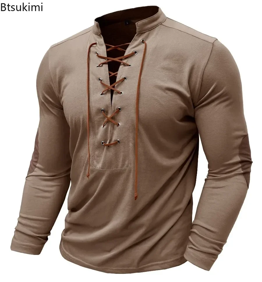 New Men's Lace-up T-shirts Slim Fit V-neck Long Sleeve Sport Tops Muscle Solid Casual Tops Henley-shirt Fashion Retro Basic Tees