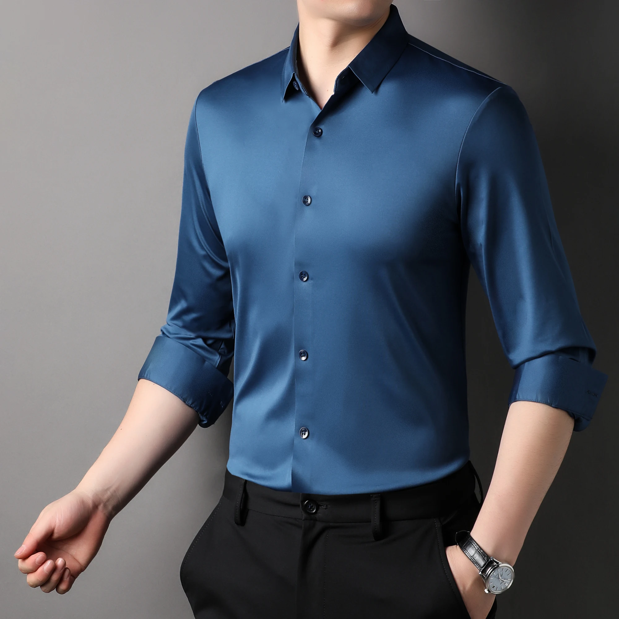 

High End Mens Traceless Clothing New 2023 Spring Casual Seamless Shirts Fashion Business Man Long Sleeve Dress Shirts