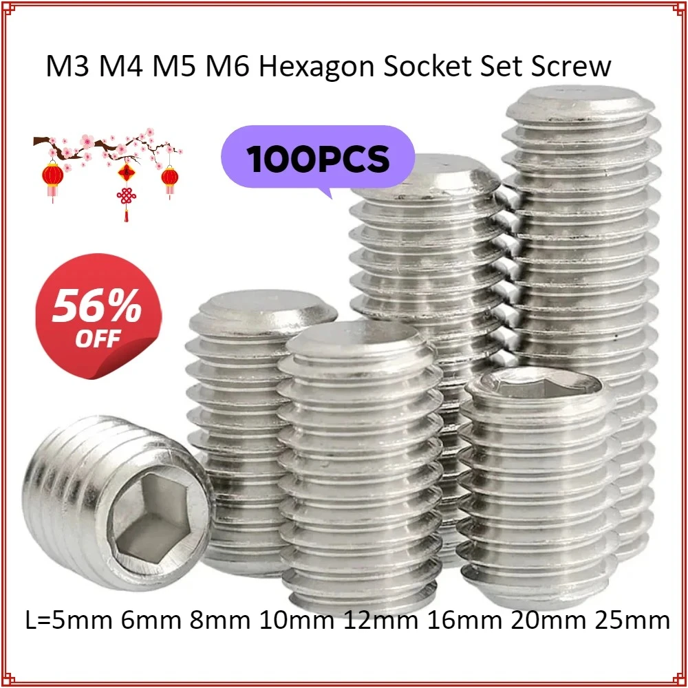 100pc M5 M6 Hexagon Socket Set Screw Flat Point Grub Screw Allen M3 M4 A2 Stainless Steel Screw End Grub Headless Bolt DIN913