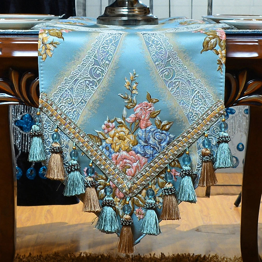 

Light Blue Luxury Jacquard Table Runner Upgraded Velvet Bottom Thickened Tablecloth High-end 3D Embroidery Table Flag Bed Flag 1