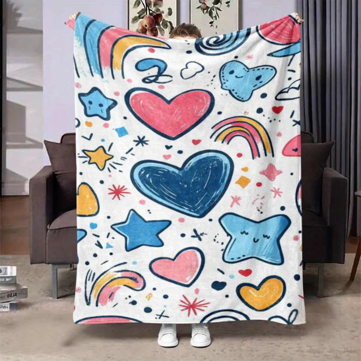 

1 Wonderful Heart and Star Pattern Flannel Blanket - Perfect for Beds, Sofas, Offices, Travel, Holiday Gifts, Decor, Chairs