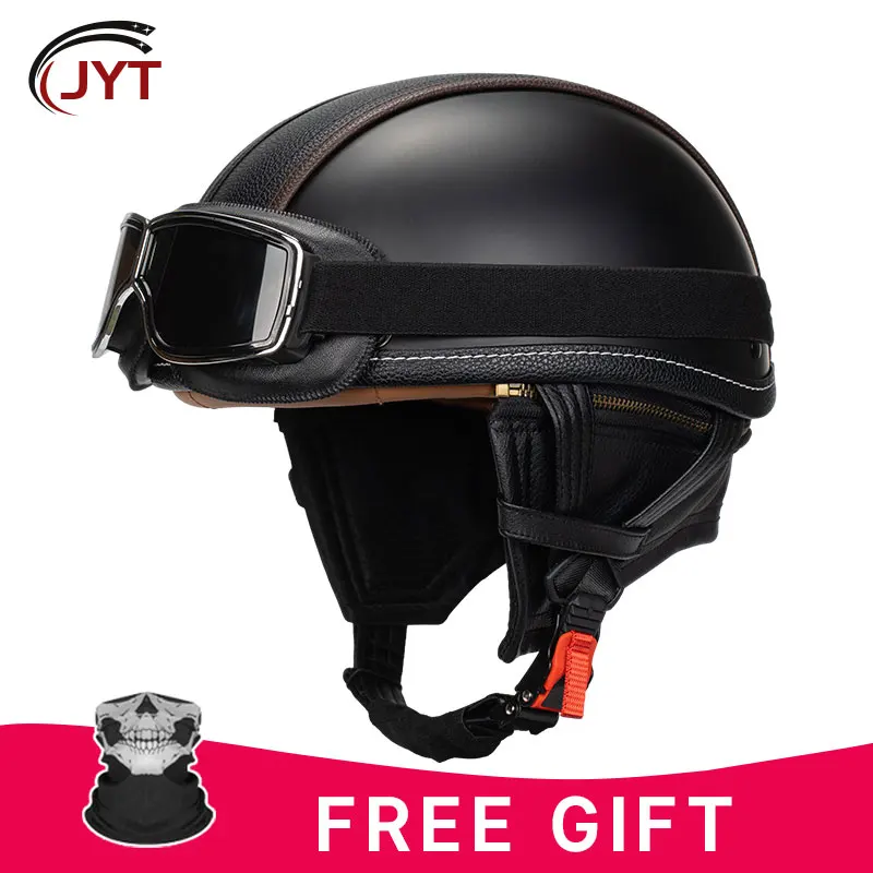 

DOT Half Face Helmet with Goggles Leather Low Profile Motorcycle Helmets Vintage Motorbike Helmets Men Women Scooter Cruiser