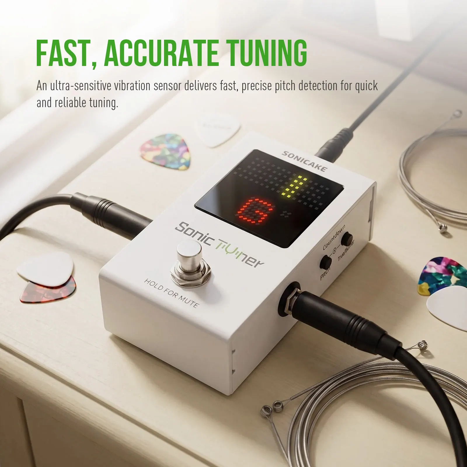 SONICAKE Sonic Tuner Multi-functions Tuner Pedal True & Buffered Bypass With Boost Fast Response Tuning LED Display QCS-03