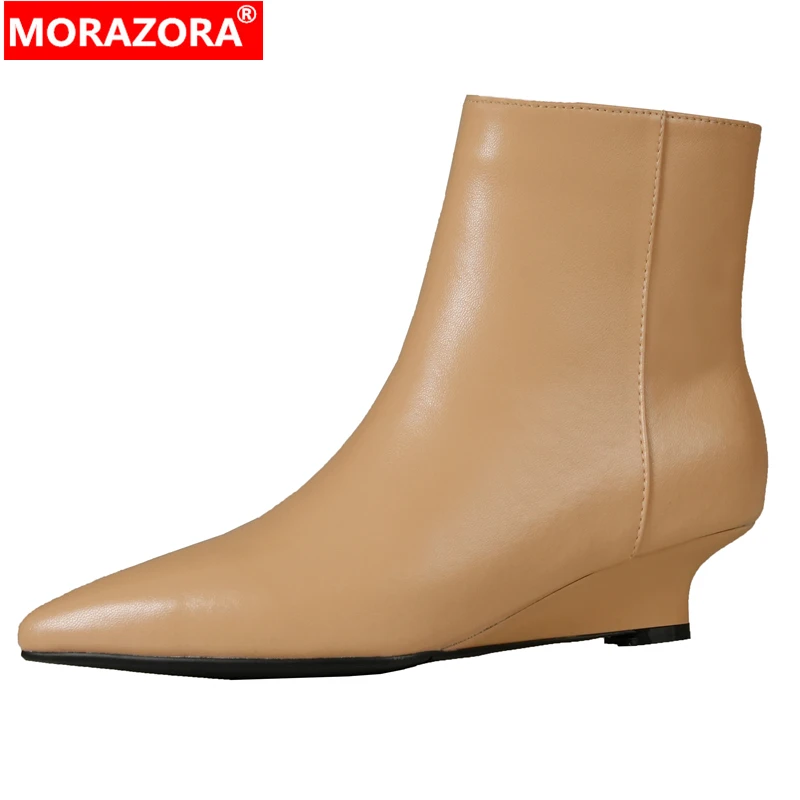 

MORAZORA, новые ботинки из натуральной кожи, размеры 34–41, женские осенне-зимние ботинки с острым носком на танкетке, модные брендовые ботильоны