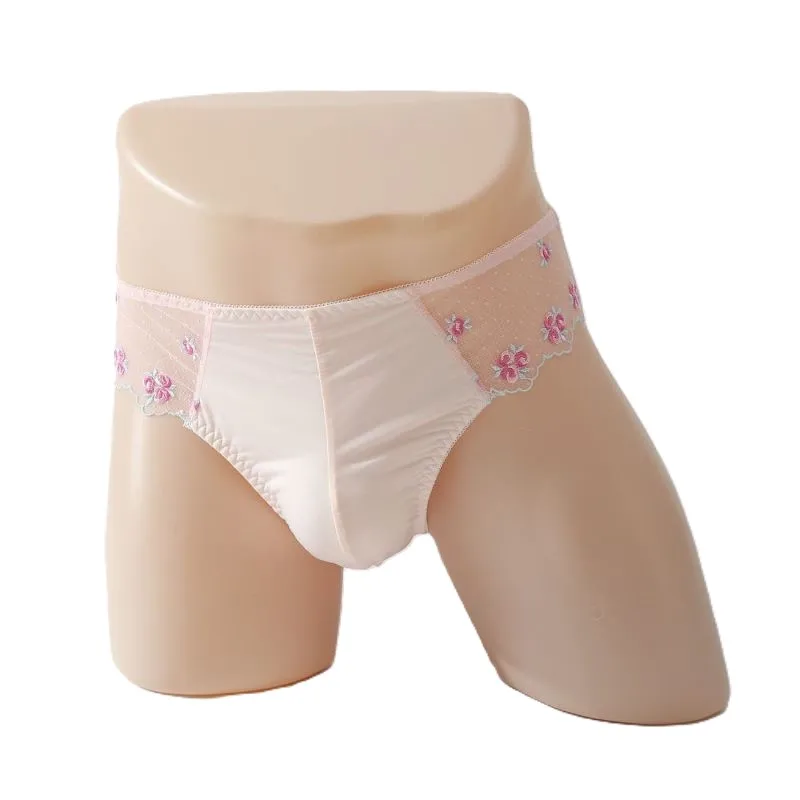 Mesh Sexy Lingerie Mens Floral Embroidery Convex Pouch Underwear Gay Man Lace Erotic Briefs See Through Ice Silk Male Panties