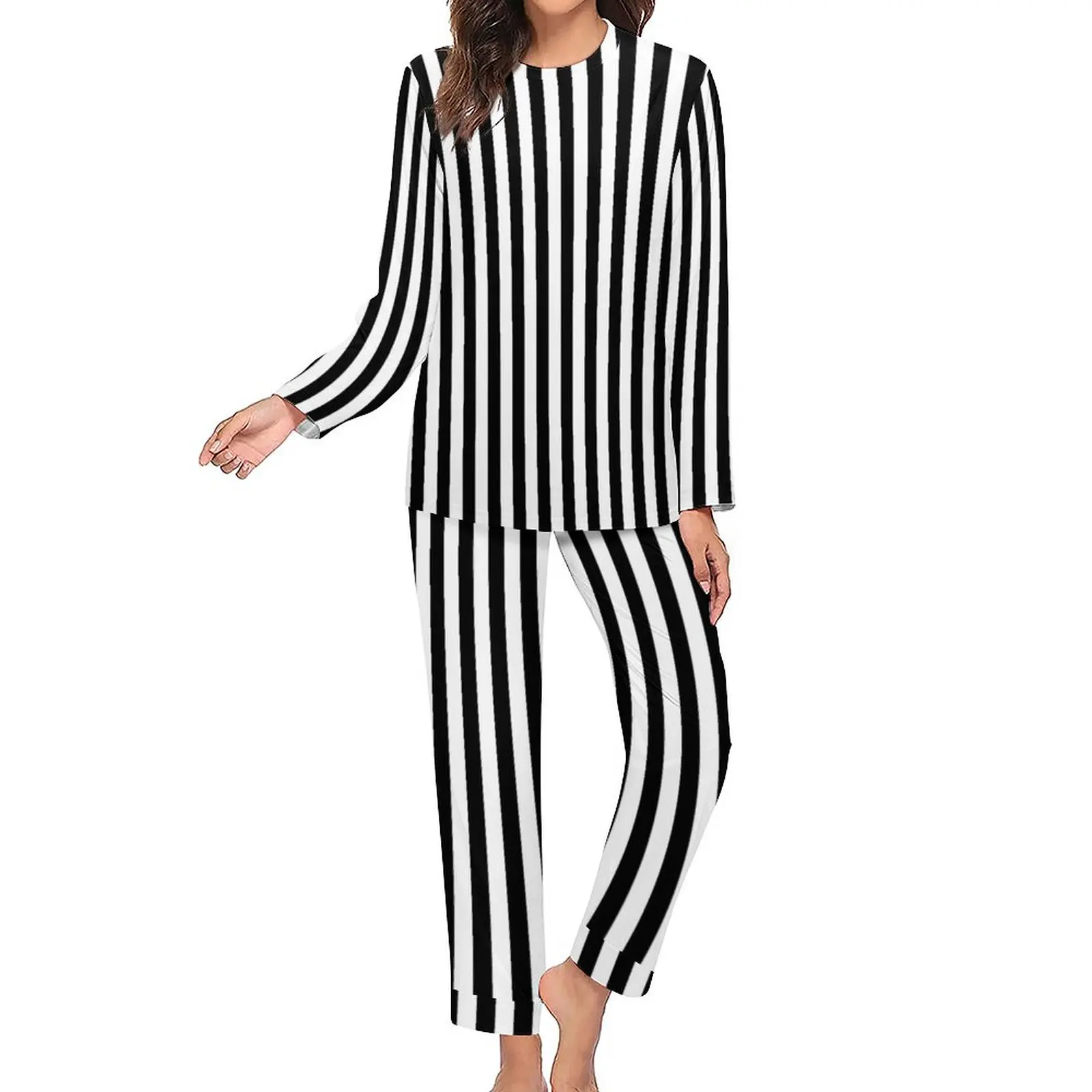 Black White Striped Pajamas Lady Vertical Lines Print Fashion Home Suit Autumn 2 Pieces Casual Oversized Pajama Sets