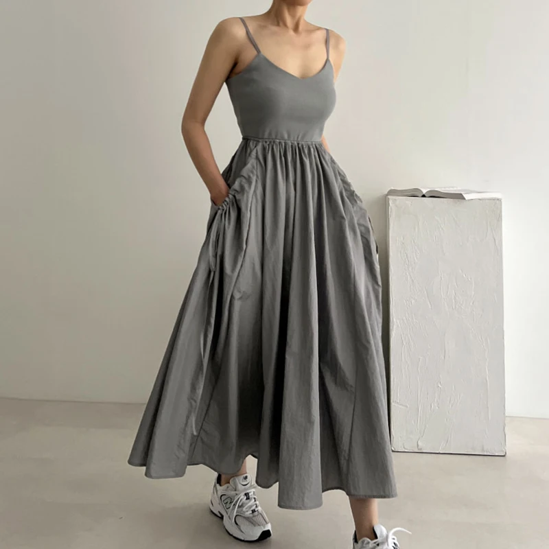 한국 스타일 세련된 여름 니치우 넥 오프 숄더 셔링 허리 장착 슬리밍 대형 운동 무방비 탱크 드레스