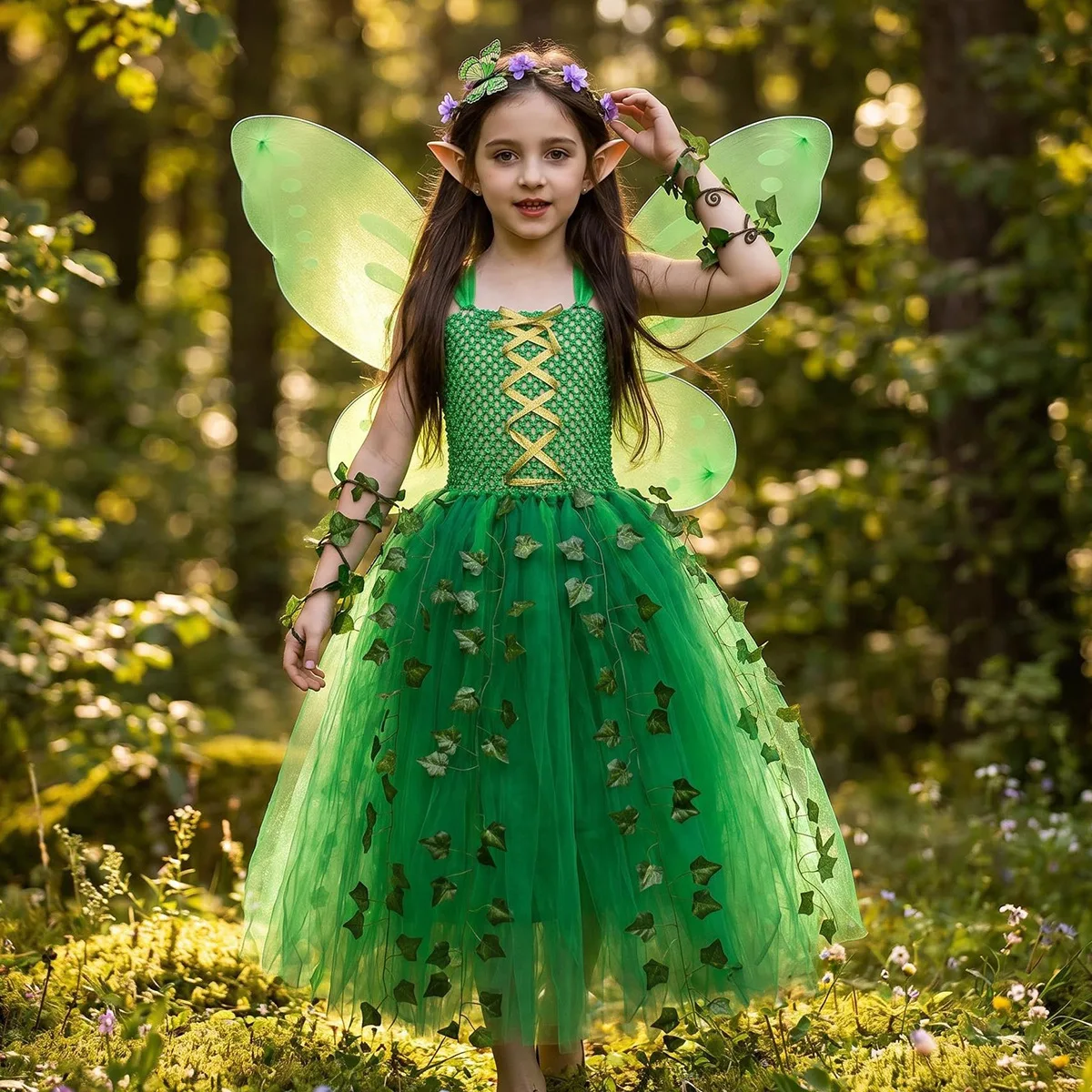 Halloween Green Forest Fairy Long Mesh Tutu Dress Flowy Layered Tulle Gown Sleeveless A-line Outfit Garden Holiday Elegant Wear