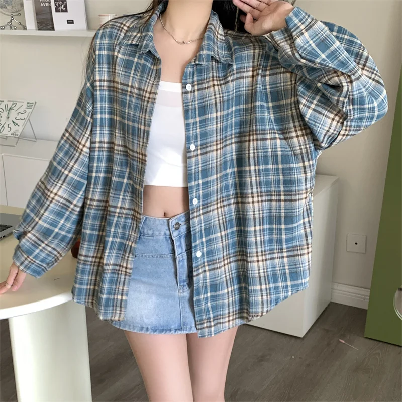 Koszula damska w kratę zapinana na guziki, jesienno-zimowa, z długim rękawem, kołnierzykiem, oversize, kurtka koszulowa, bluzka damska, koszule w kratę, casual