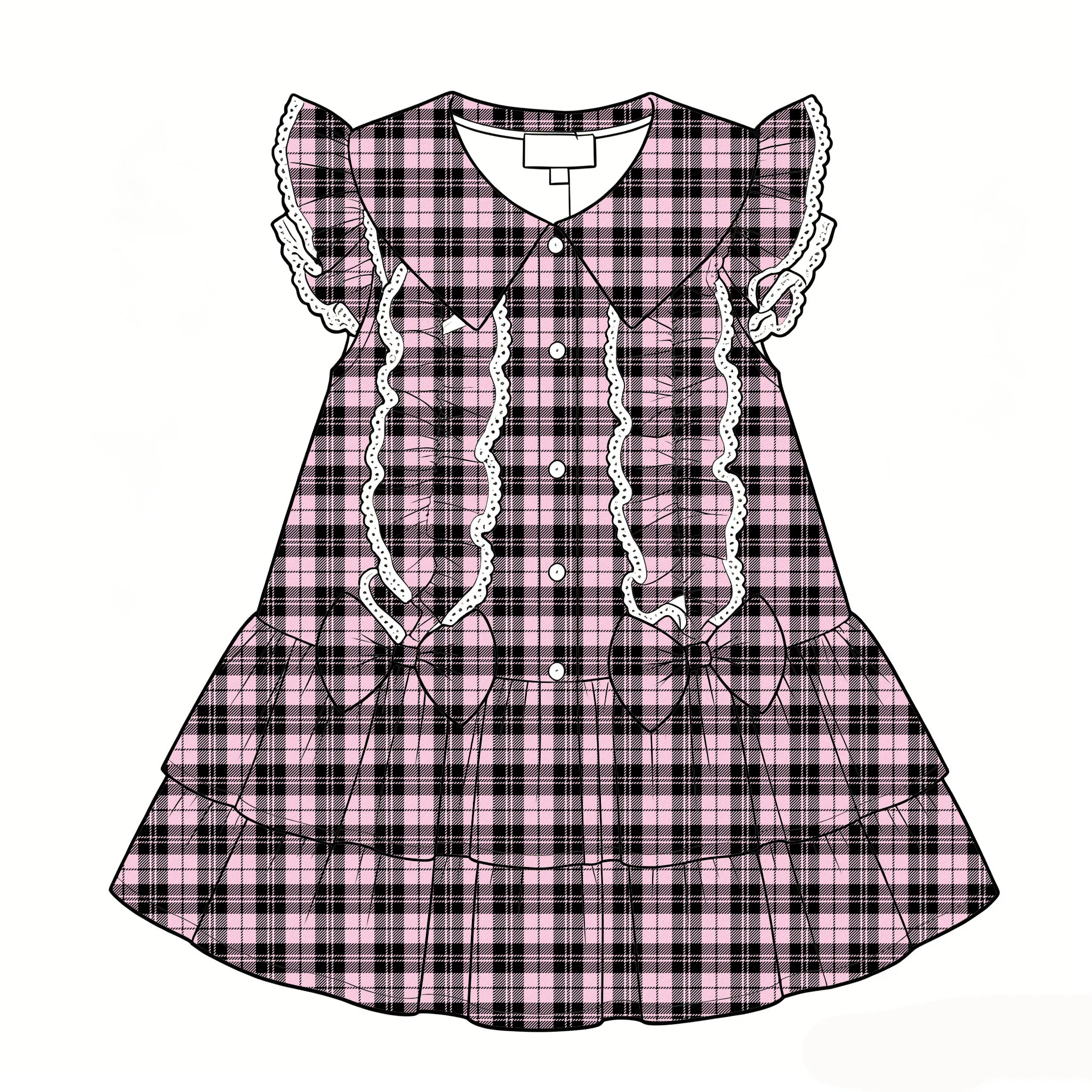 Hot-selling girls' dress lapel small flutter sleeves with ruffles collar buttons bow decoration lattice print wholesal