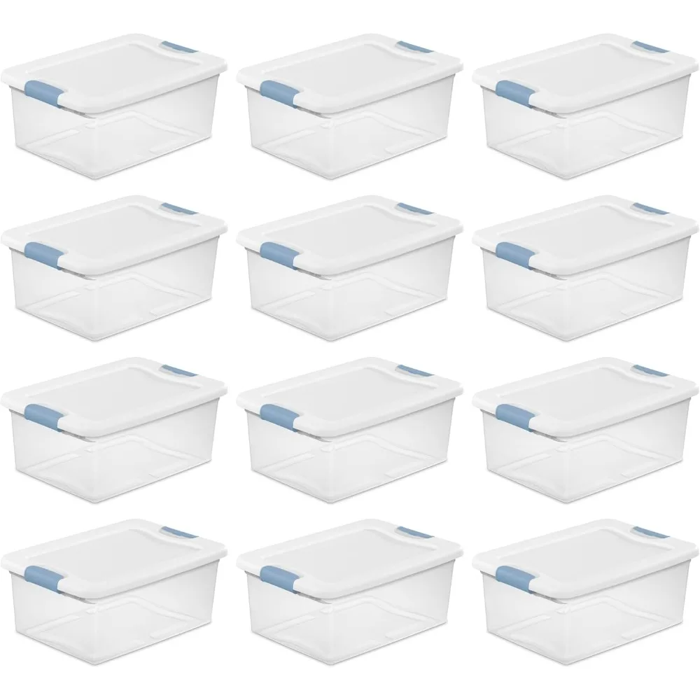 

15 Qt Latching Storage Box, Stackable Bin with Latch Lid, Plastic Container to Organize Closet Shelf, Clear with White Lid