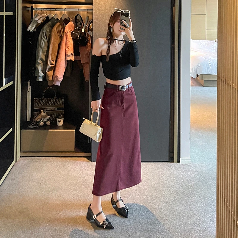 Fashion Red Denim Skirt Women Autumn New Style High Waist Slim All-match A-line Midi Skirt with Split