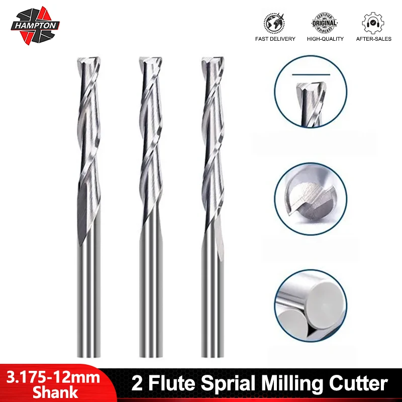 

HAMPTON Sprial Milling Cutter 2 Flute Flat Bottom End Mill 3.175 4 6 8 10 12mm Shank Carbide CNC Router Bits Woodworking Tool