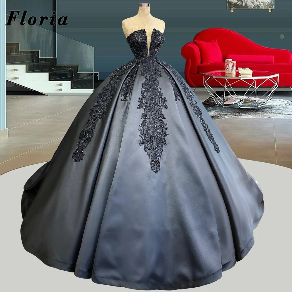 

Floria Navy Blue Appliques Beaded Prom Dress Ball Gown Long Strapless Evening Dresses Vestidos Dubai Couture Pageant Party Dress