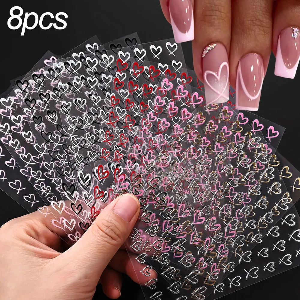 8 feuilles 3D mignon amour coeur autocollant pour ongles rose noir blanc argent or Graffiti coeur ongles décalcomanies auto-adhésif 8*10 cm décoration des ongles