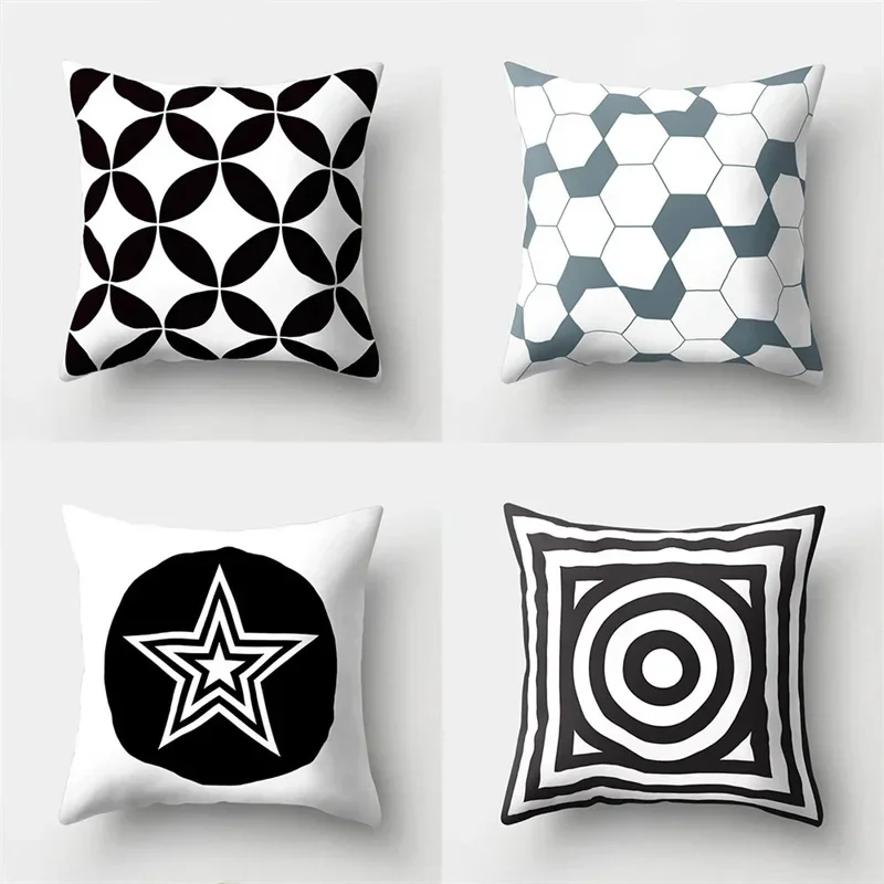 45x45cm Black and White Geometric Pillowcase Line Star Square Polyester Cushion Cover Bedroom Sofa Home Decoration