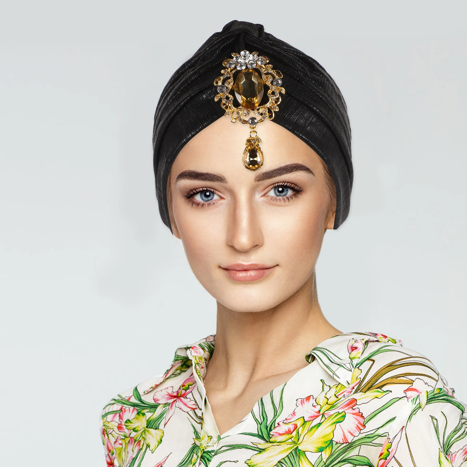 

Turban Hat Baotou Black Rhinestone Beanie Women Polyester Spandex Headpiece Comfortable Hair Wrap Evening Party Wedding