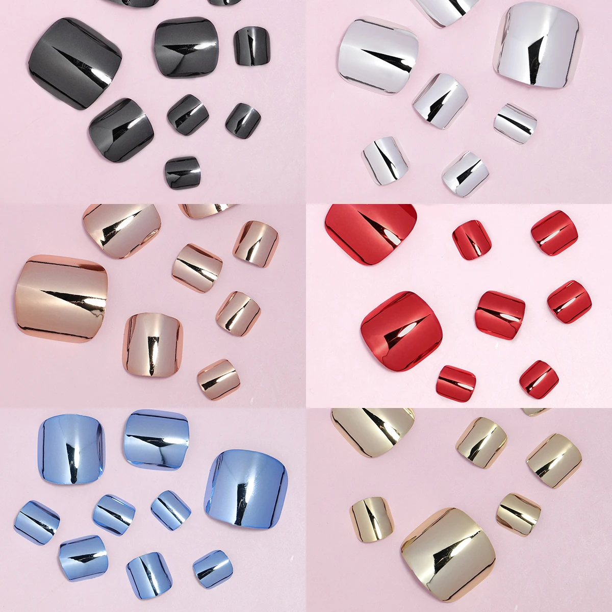 24 pçs espelho cromo imprensa em unhas dos pés metálico dicas de arte do prego falso curto quadrado cobertura completa unhas falsas para mulheres e meninas