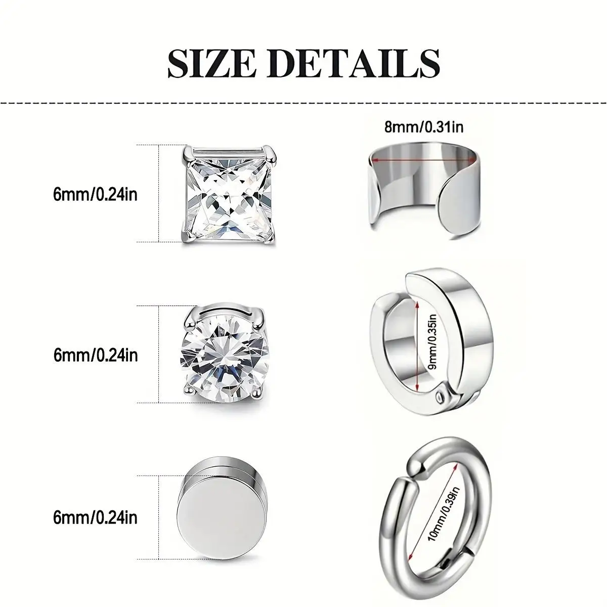 2/12pcs Unisex Fashion Stainless Steel Magnetic Cubic Zirconia Ear Clips Non-piercing Adjustable Clip-on Earrings for Men Women