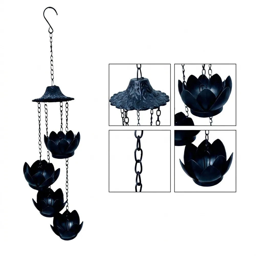 72cm Metal Lotus= Rain Chain With Hanging Flower Pot For Garden Gutter Drainage System Outdoor Water Feature Decor Black