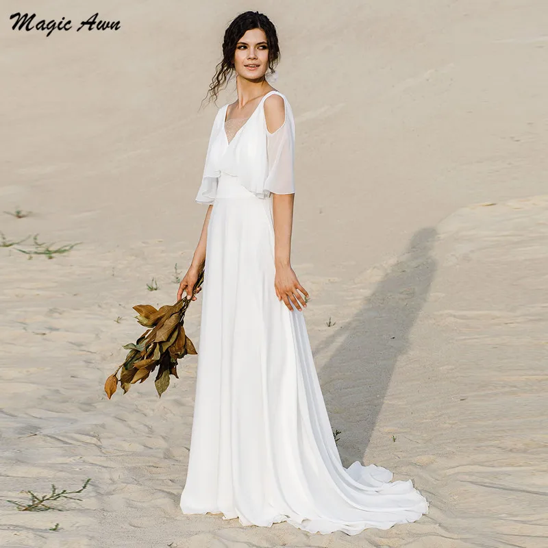 

Magic Awn New Boho Wedding Dresses Chiffon Illusion Pearls Beaded Lace Open Back Country Bridal Gowns A-Line Robes De Mariage