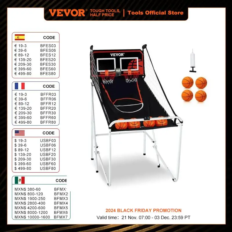 VEVOR Gioco Arcade di Pallacanestro Pieghevole, Sport Domestico, 2 Persone 4 Palloni 8 Modalità, Tabellone Segnapunti Elettronico LCD e Pompa di Gonfiaggio, Gioco per Bambini, Adulti, Bianco Nero