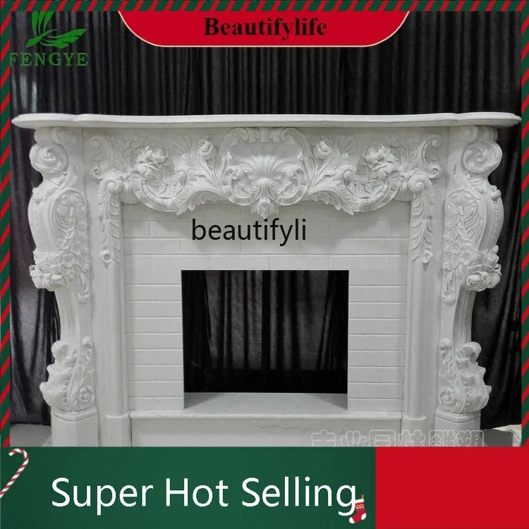 KK32   Fireplace white marble stone mantel TV background wall decorative cabinet stone carving fireplace customization
