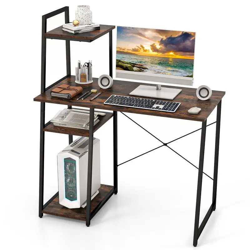 

Computer Desk with Shelves and 3-Tier Storage Bookshelf-Brown