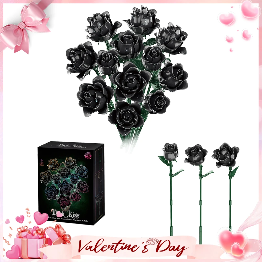 

585 PCS Black Roses Eternal DIY Bouquet Bricks Valentine's Day Wedding Flower Building Blocks MOC Home Ornaments Romantic Gifts