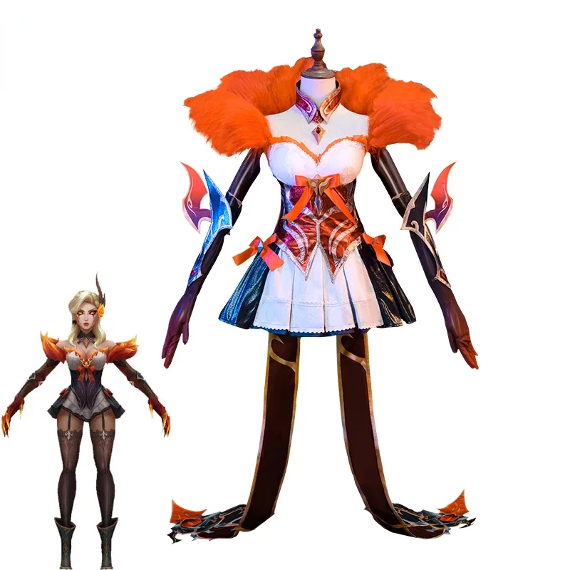 Game LOL Western Magic Shadow Evelynn Cosplay Costume LOL High Noon Evelynn Costume Women Orange Dress Full Set