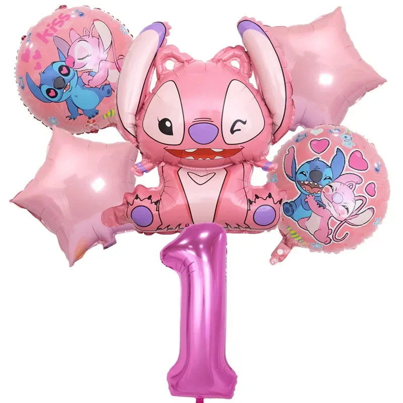 6pcs Disney Lilo & Stitch Foil Balloons set Pink Angel children Birthday Party Decorations girl Baby shower Supplies Aire Globos