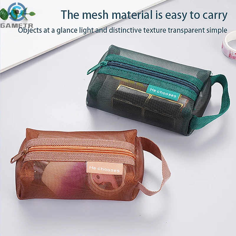 Square Mesh Storage Pouch Large Capacity Mini Zipper Coin Purse Portable Cosmetic Bag Lightweight Breathable Stationery Bag