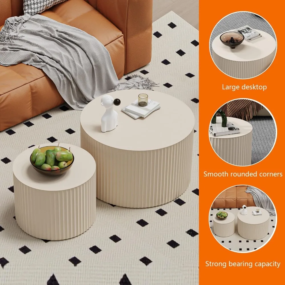 Round Coffee Table Set of 2 Modern Nesting Coffee Tables for Living Room Wave Stripe Round Coffee Table Circular Nested