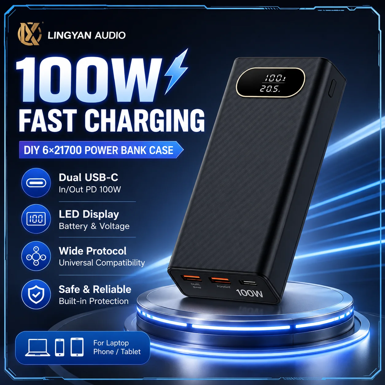Laptop Power Shell PD100W DIY 6×21700 Battery Case Dual Type‑C Input Output QC PPS SCP No‑Solder Portable DIY Accessory
