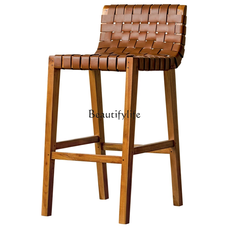 Home High Foot Vintage Solid Wood Cowhide Bar Stool Nordic Island Table Living Room Balcony Decoration Shelf