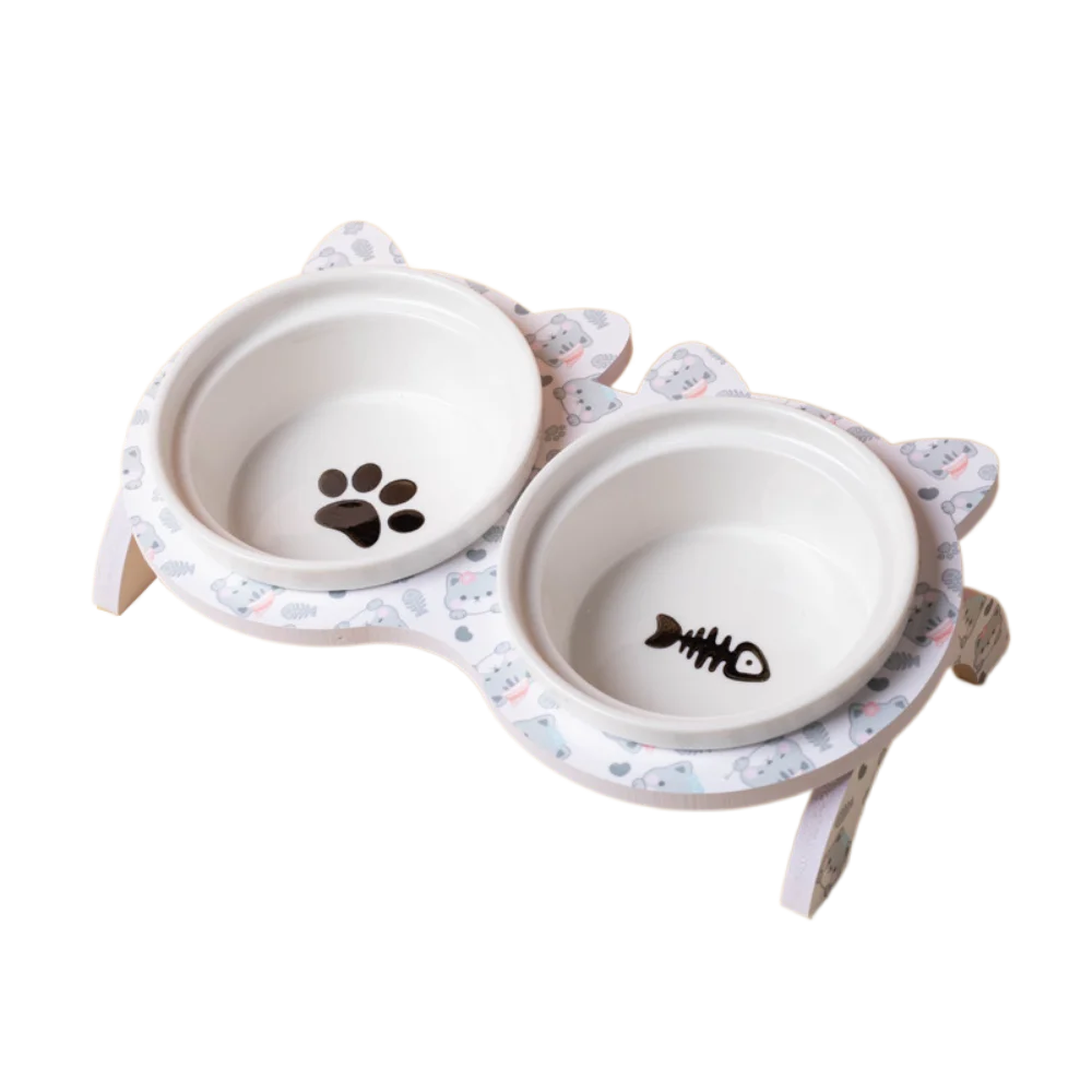 

Double Bowl Ceramic Cat Bowl with Stand Non-slip Cervical Protection Raised Pet Feeder Detachable Acrylic Bowl Holder