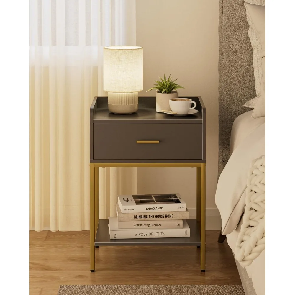 

Grey Nightstand,3-Tier Modern Bedside Table Night Stand with Storage Drawer and Shelf,Small End Side Table for Bedroom,Living R
